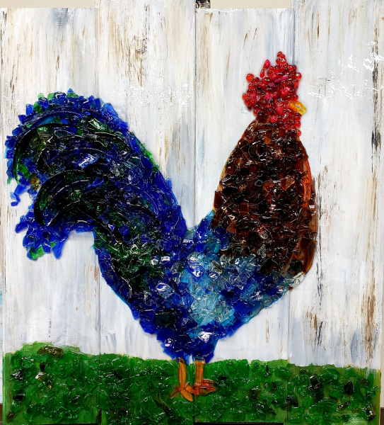 Rooster on wood made with shattered glass