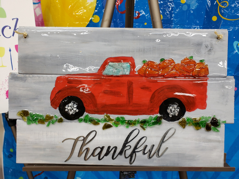 Xcelent Guest Creation - Red Truck with pumpkins wood