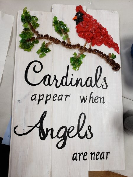 Cardinals appar when angels are near- shattered art on wood