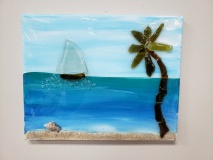 Beach scene with palm made with shattered glass